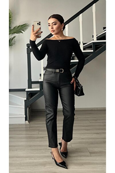 Oslove جينز موم فيت مطلي بالشمع الأسود