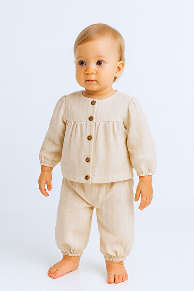 PİETRA BABY KİDS 100% Cotton Muslin Fabric Baby and Child Girl Double Set with Striped Detail Buttons
