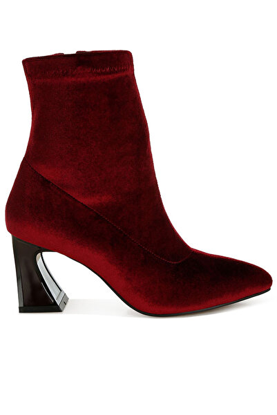 london Rag Women Flared Block Heel Velvet Boots in Burgundy