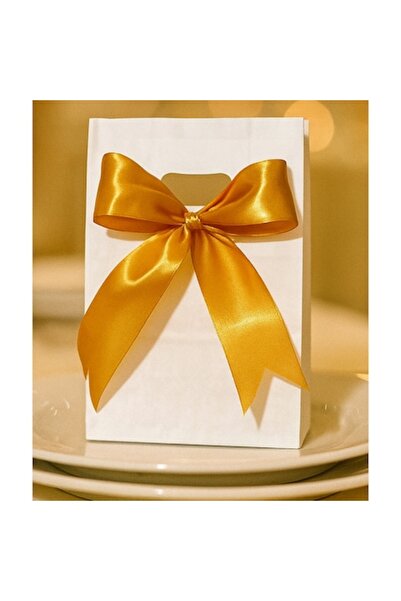 OEM Set 25 pungi cadou din hârtie kraft albă/aurie cu fundă, 21x17x7 cm, ambalaj elegant pentru cadouri, nuntă,