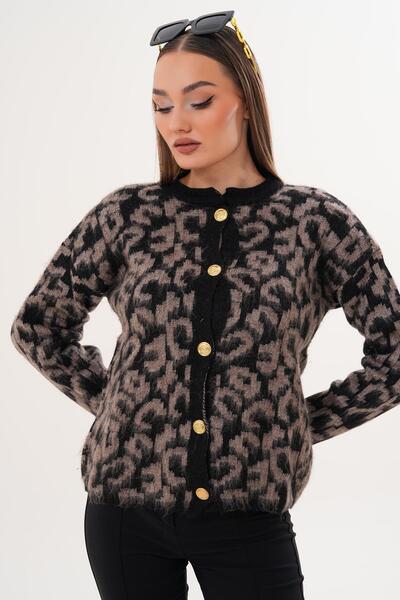 ŞİMAL Women's Leopard Print Button Closure Knitwear Knitted Cardigan 255143 -