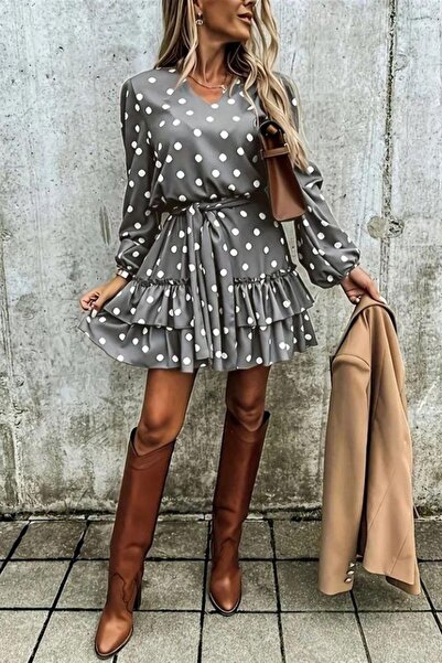 Mossta Μίνι φόρεμα με βολάν με λαιμόκοψη σε σχήμα V - Γκρι