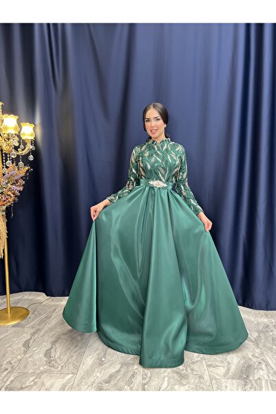 DADO BELLA Zümrüt Yeşili Üst Tül Üzeri Boncuk İşlemeli Alt Saten Karolina Klo...