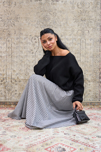 KÜÇÜĞÜM BUTİK Black Boat Neck Oversize Knit Sweater