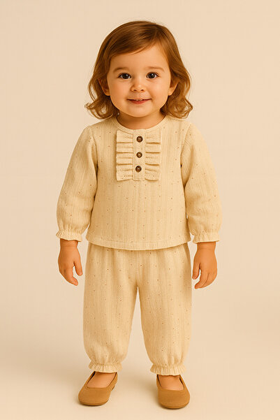 PİETRA BABY KİDS Lace-Detail Drawsting 100% Cotton Muslin Fabric Baby and Child Girl Double Set