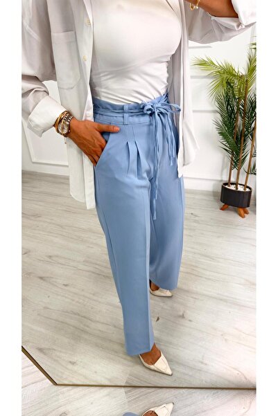 DESTEMODA Γυναικείο παντελόνι Palazzo με λεπτομέρεια από κορδόνι μπλε 2501