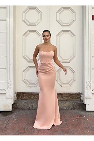 Modafeminen Scuba Straplez Uzun Elbise Pudra 583301