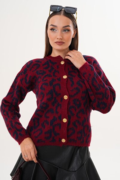 ŞİMAL Kadın Leopar Desen Düğme Kapamalı Triko Örme Hırka 255143 -