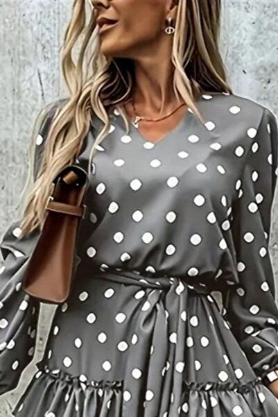 Mossta V-Neck Polka Dot Ruffle Mini Dress - Gray