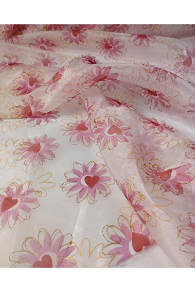 Kumaş Parça Tul din organza cu flori roz pe alb