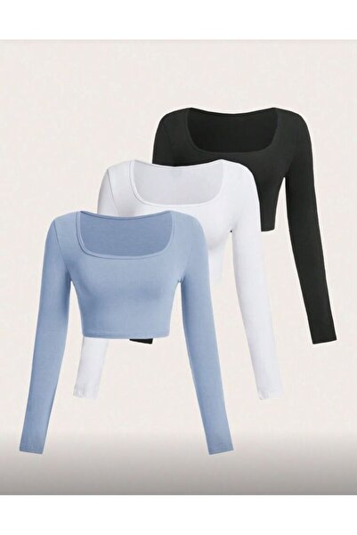 MİLYA&GYM Kadın 3'Lü Paket Pamuklu Vücudu saran fitilli kumaş KARE YAKA UZUN ...