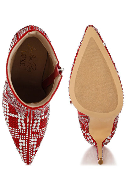 london Rag Women Rhinestones Studded Stiletto Heel Boots in Red