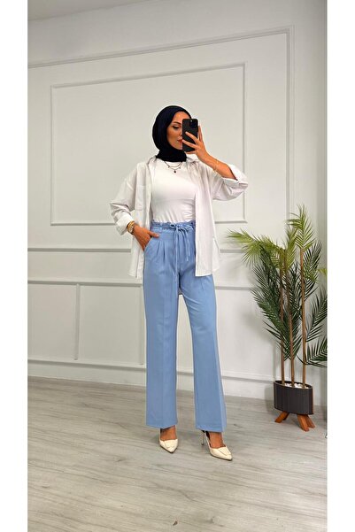 DESTEMODA Γυναικείο παντελόνι Palazzo με λεπτομέρεια από κορδόνι μπλε 2501