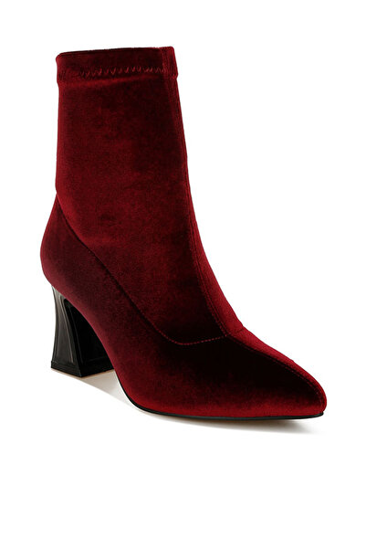 london Rag Women Flared Block Heel Velvet Boots in Burgundy