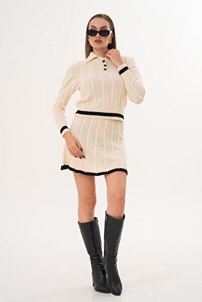 ŞİMAL Kadın Polo Yaka Etekli Triko Örme Takım 255171 -