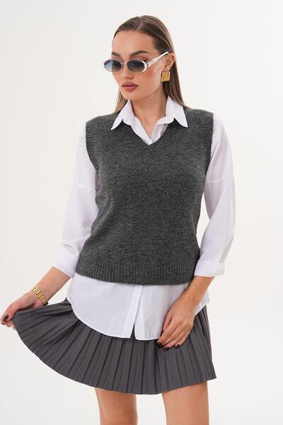 ŞİMAL Жіночий светр з V-подібним вирізом, трикотажний, з шардоном 255169 -