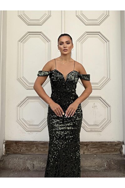 SELİN MODA EVİ Trend Band Kol Velvet Fish Dress Khaki 583198