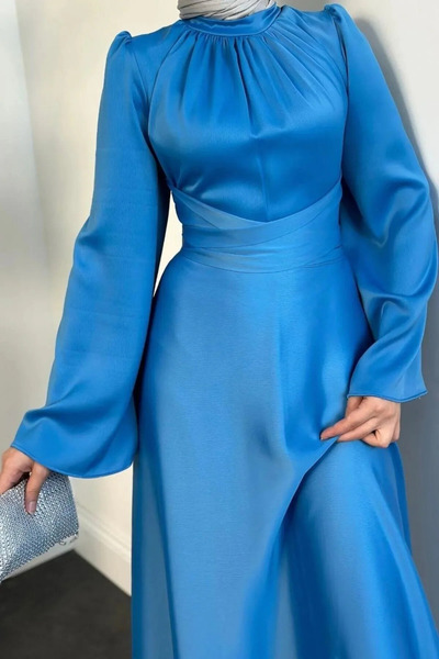 Tesettür Diyarı Kadın İspanyol Kol Belden Bağlamalı Saten Tesettür Abiye