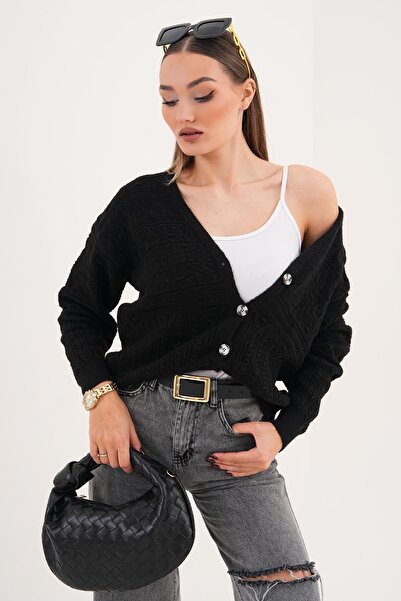 ŞİMAL Kadın Dört Düğmeli Desenli Triko Örme Hırka 255373 -