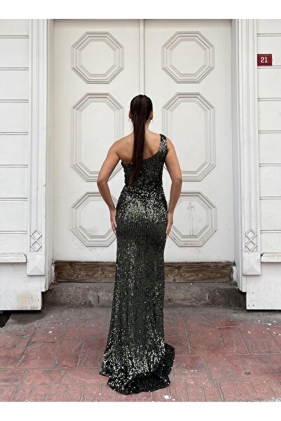 SELİN MODA EVİ Trend Velvet Slit Dress Khaki 583150