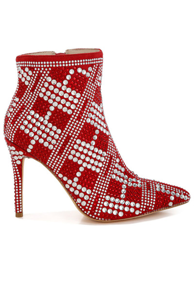 london Rag Women Rhinestones Studded Stiletto Heel Boots in Red