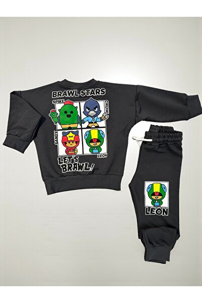 Patriko Boys' Gray Color Brawl Stars 2-Ply New Season Bottom Top Tracksuit Set