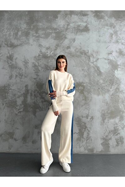 LE CARAMBOLE Women's Ecru Denim Stripe Detailed Top and Bottom Knitwear Set