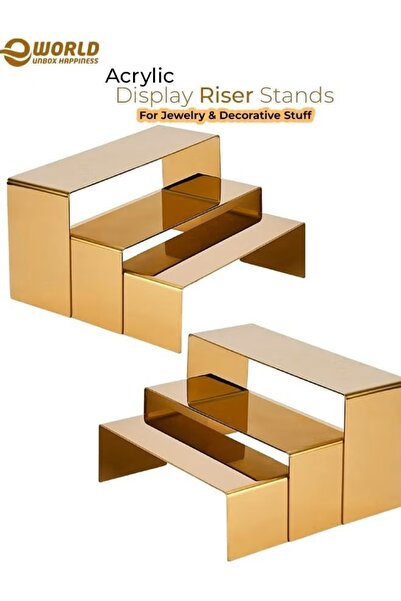 Eworld مجموعة من 6 رفوف عرض أكريليك ذهبية، 3 أحجام لعرض المجوهرات والكعك
