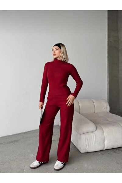 glanour Brown Burgundy Corduroy Camisole Fabric High Neck Top with Bottom Pants 2-Piece (2 Sets)