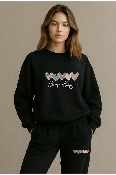 FUFLUNS طقم بدلة رياضية للجنسين بياقة دائرية وطباعة HAPPY BASKILI