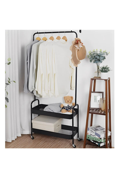Herum Mobile metal coat rack with space for hangers, 2 compartments, Black, 66 x 30 x 160 cm
