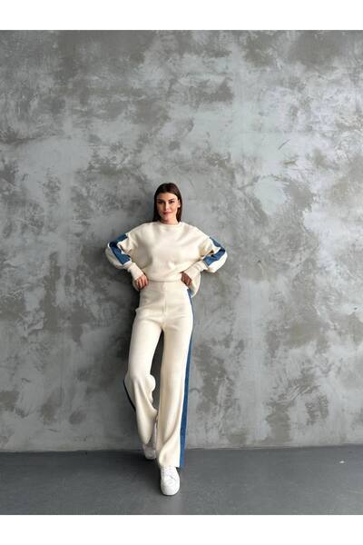 LE CARAMBOLE Women's Ecru Denim Stripe Detailed Top and Bottom Knitwear Set