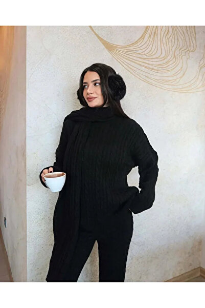 LE CARAMBOLE Women's Black Hair Braided Scarf Sweater Pants Three-Piece Knitwear Set