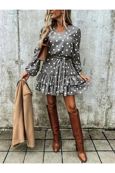 Viyamo Yeni Sezon Puantiyeli Kadın Mini Elbise V Yakalı Uzun Kollu Belden Kuş...
