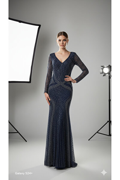 abiye pazarı Lacivert Simli,taşlı Uzun Kollu Abiye Elbise - Özel Davet ve Gece Elbisesi