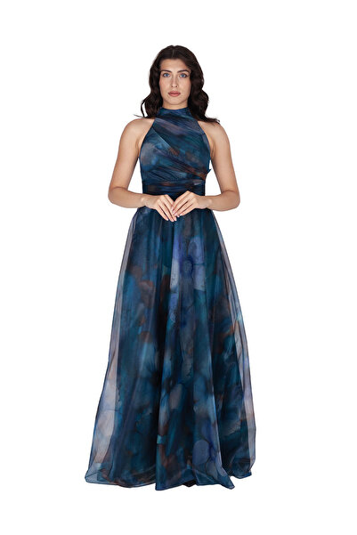 b&ççizgi Dik Yaka Boğazlı Desenli Tül Abiye