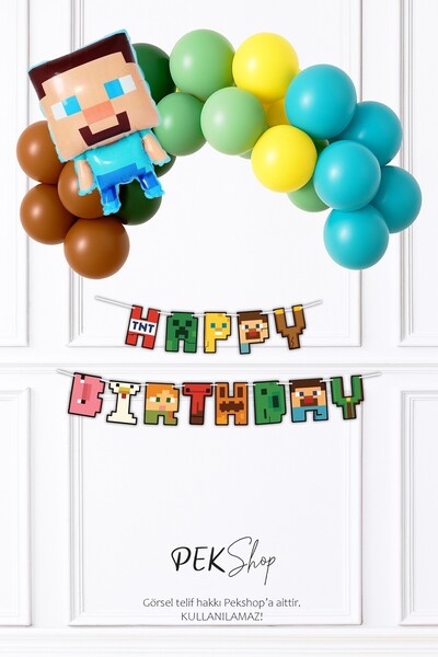 PEKSHOP Minecraft Tema Doğum Günü Balon Zinciri Steve Balonlu Bannerlı