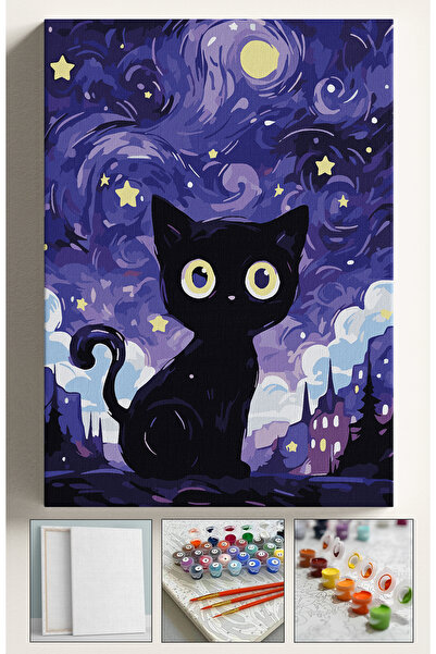 Sulepas Sayılarla Boyama Seti Numaralı Tuval Fırça Boya 40x50 Cm Kara Kedi