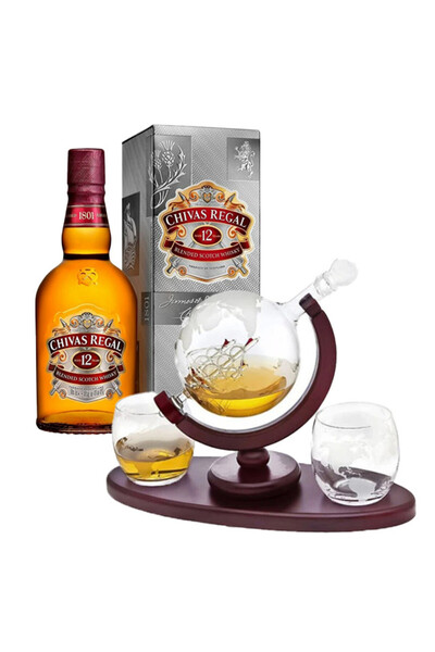 velve Pachet Drinks,Chivas Regal 12 YO 40%, 0.5L,set decantor,2 pahare sticla,Glob Pamantesc,suport,tavita