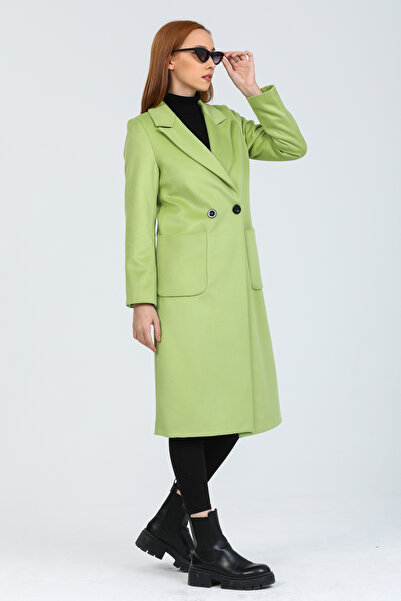 Pitti Women's Pistachio Green Black Buttoned Lined Coat 70581