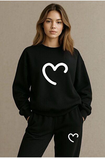 FUFLUNS طقم بدلة رياضية للجنسين بطباعة نصف قلب وياقة دائرية كبيرة الحجم