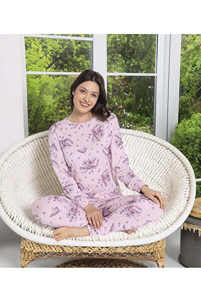 Aydoğan Σετ πιτζάμες Napoli με ροζ λουλούδια της σειράς Pure με μακρύ μανίκι