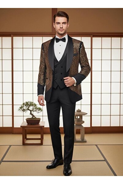 Salihtarzz Damatlık İtalyan Kesim Slim Fit Taşlı Siyah SD42210