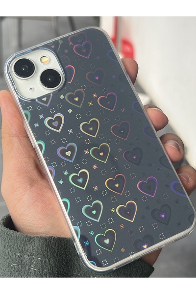 EDELFU iPhone 13 / 14 Hologramlı Kalp Desenli Yanları Şeffaf Arkası Sert Parl...