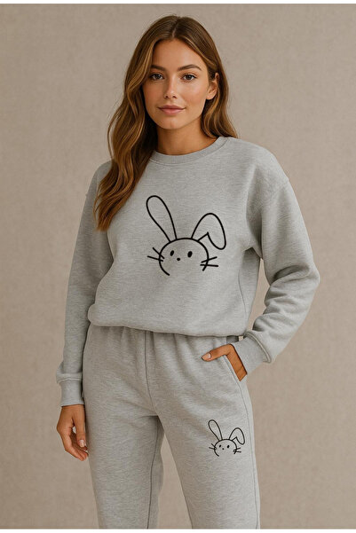 FUFLUNS Rabbit Printed Unisex Oversize Cropped Sweatshirt Bottom/Top Tracksuit Set