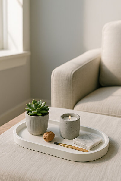 Nevhan Sanat Modern Beton Oval Tepsi – El Yapımı Minimalist Dekoratif & Servi...