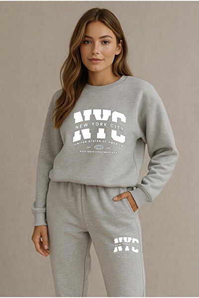 FUFLUNS Nyc Printed Unisex Oversize Crop Top Bottom Tracksuit Set