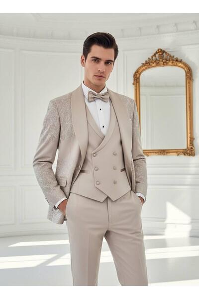 Salihtarzz Damatlık İtalyan Kesim Slim Fit Taşlı Krem SD42214