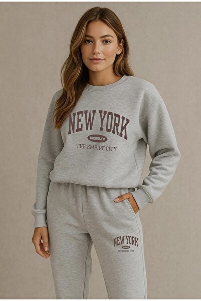 FUFLUNS طقم رياضي برقبة دائرية كبيرة الحجم مطبوع عليه نيويورك للجنسين