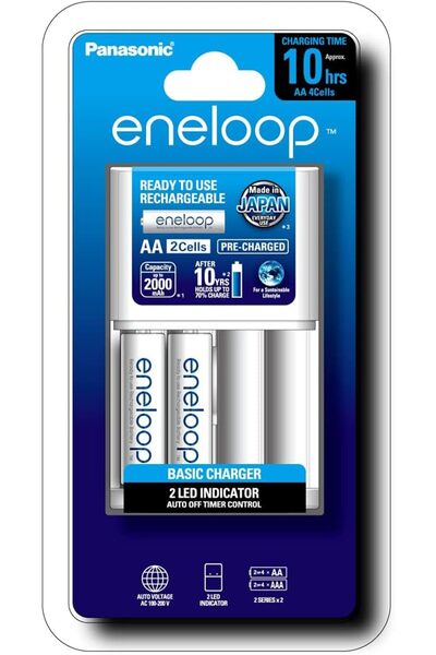 PANASONIC شاحن eneloop مع عبوة من بطاريتين AA قابلة لإعادة الشحن بسعة 2000 مللي أمبير/ساعة، K-KJ55HC40S2